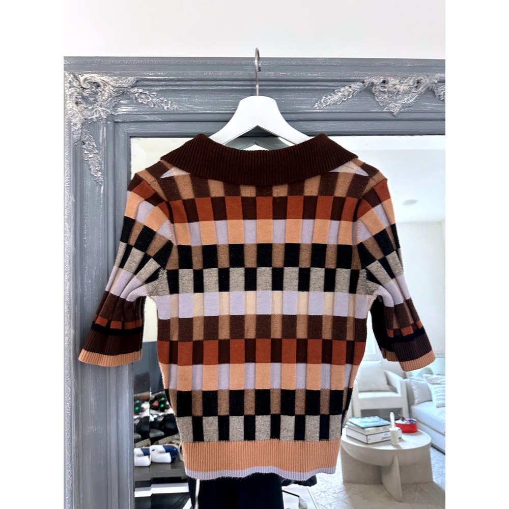 Maeve Anthropologie Kinsley Checkered Ribbed Collared Cropped Cardigan Sweater L - Picture 7 of 10